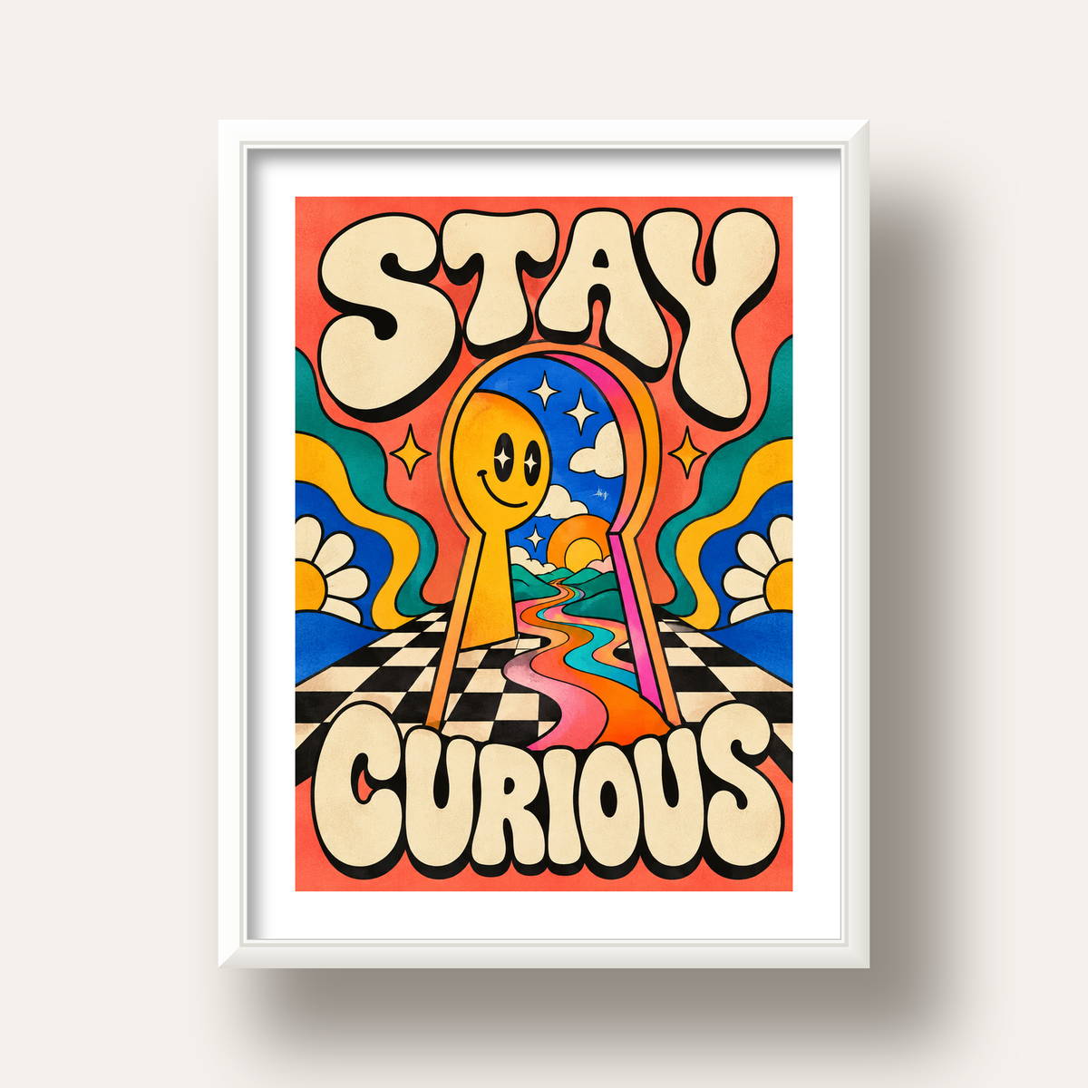 Psikedelik Anahtar Deliği ve STAY CURIOUS Poster Baskı — beyaz derin çerçeveli paspartulu