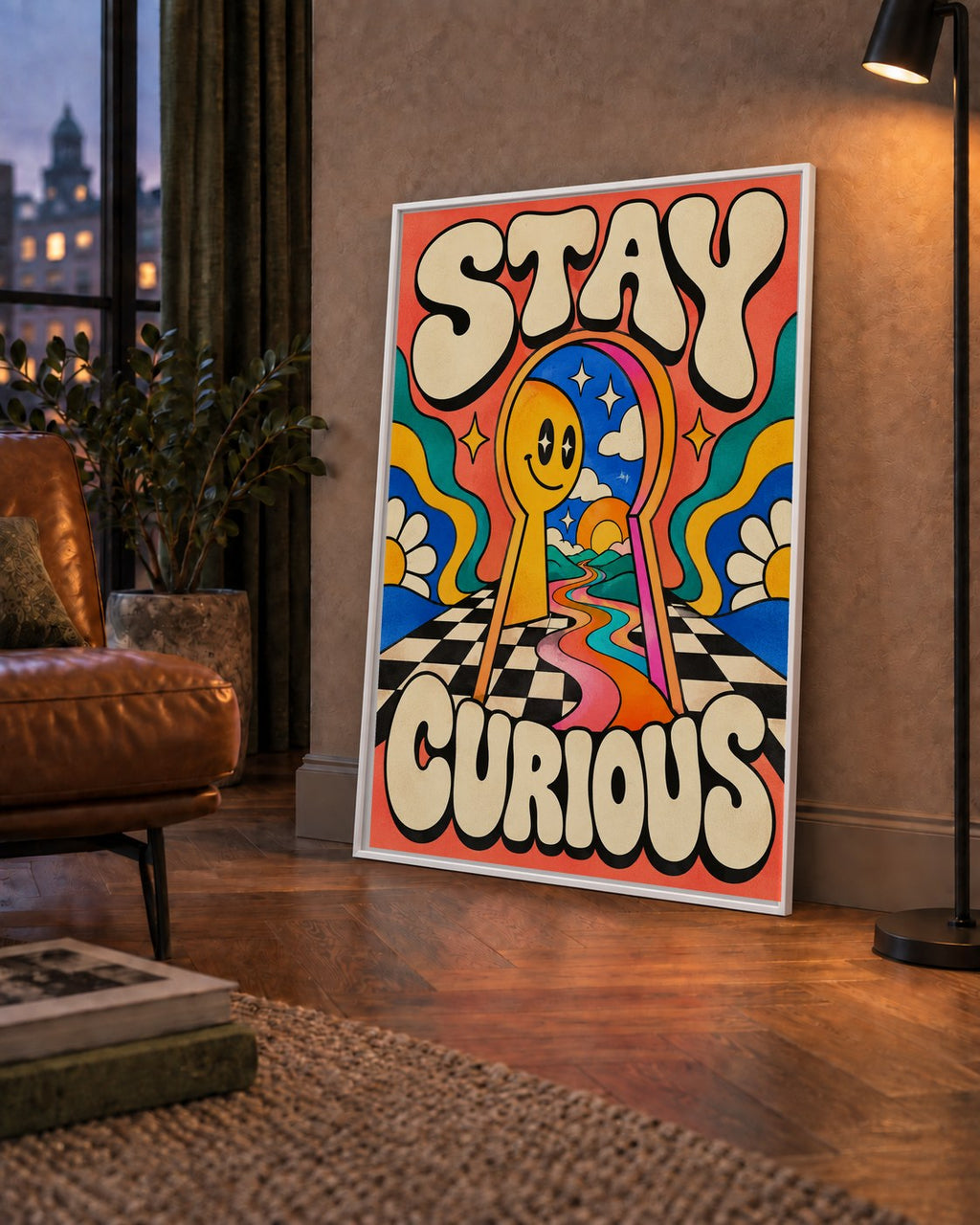 Psikedelik Anahtar Deliği ve STAY CURIOUS Poster Baskı — çerçeveli hâliyle bir ev duvarında