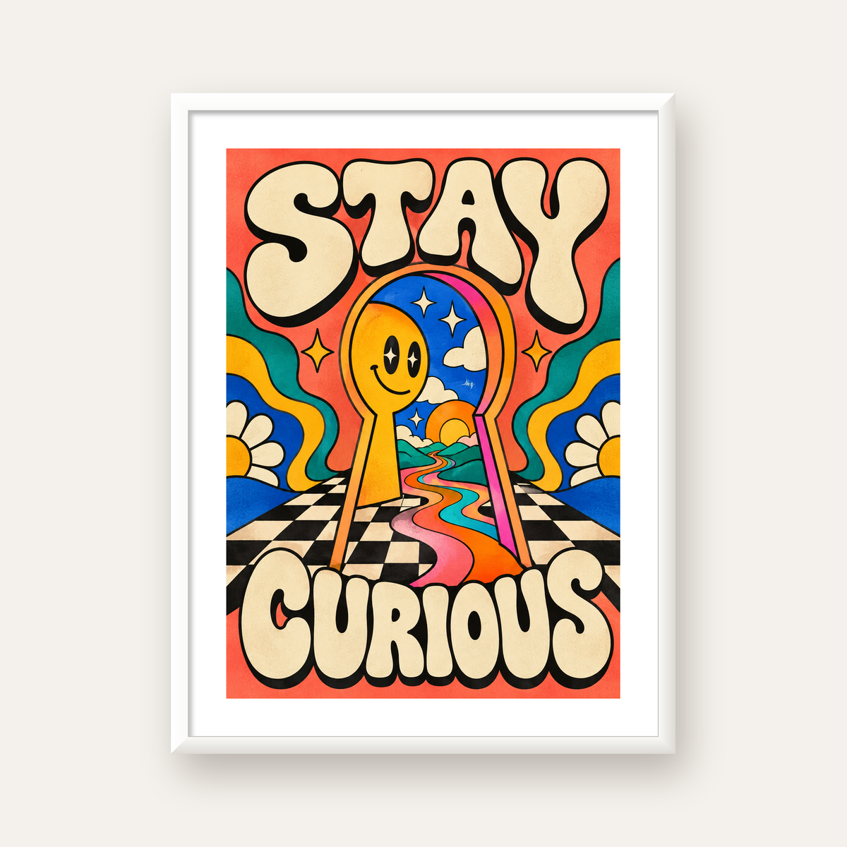 Psikedelik Anahtar Deliği ve STAY CURIOUS Poster Baskı — beyaz çerçeveli dikey poster
