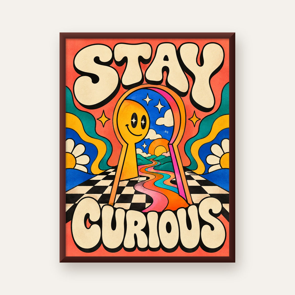 Psikedelik Anahtar Deliği ve STAY CURIOUS Poster Baskı — ceviz çerçeveli
