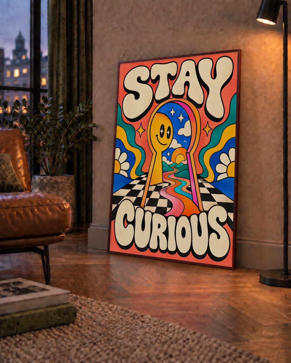 Psikedelik Anahtar Deliği ve STAY CURIOUS Poster Baskı — çerçeveli hâliyle bir ev duvarında