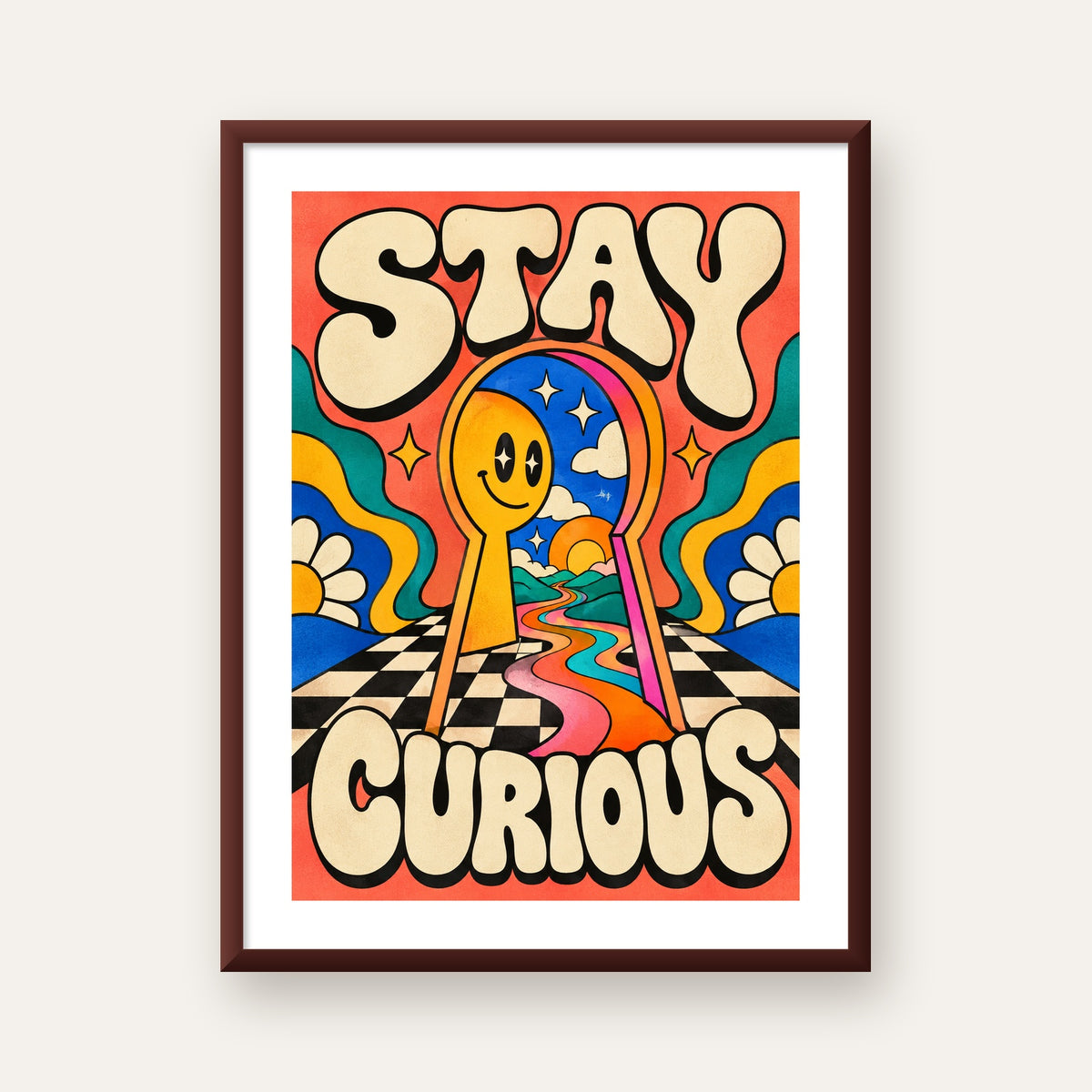 Psikedelik Anahtar Deliği ve STAY CURIOUS Poster Baskı — ceviz çerçeveli paspartulu