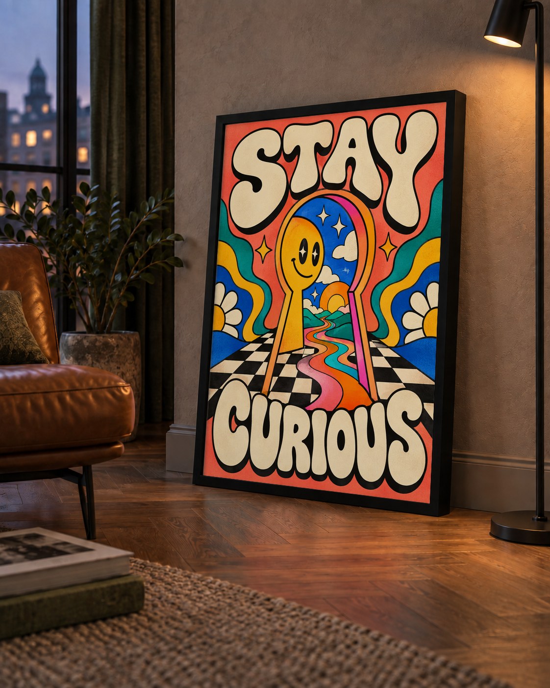 Psikedelik Anahtar Deliği ve STAY CURIOUS Poster Baskı — çerçeveli hâliyle bir ev duvarında