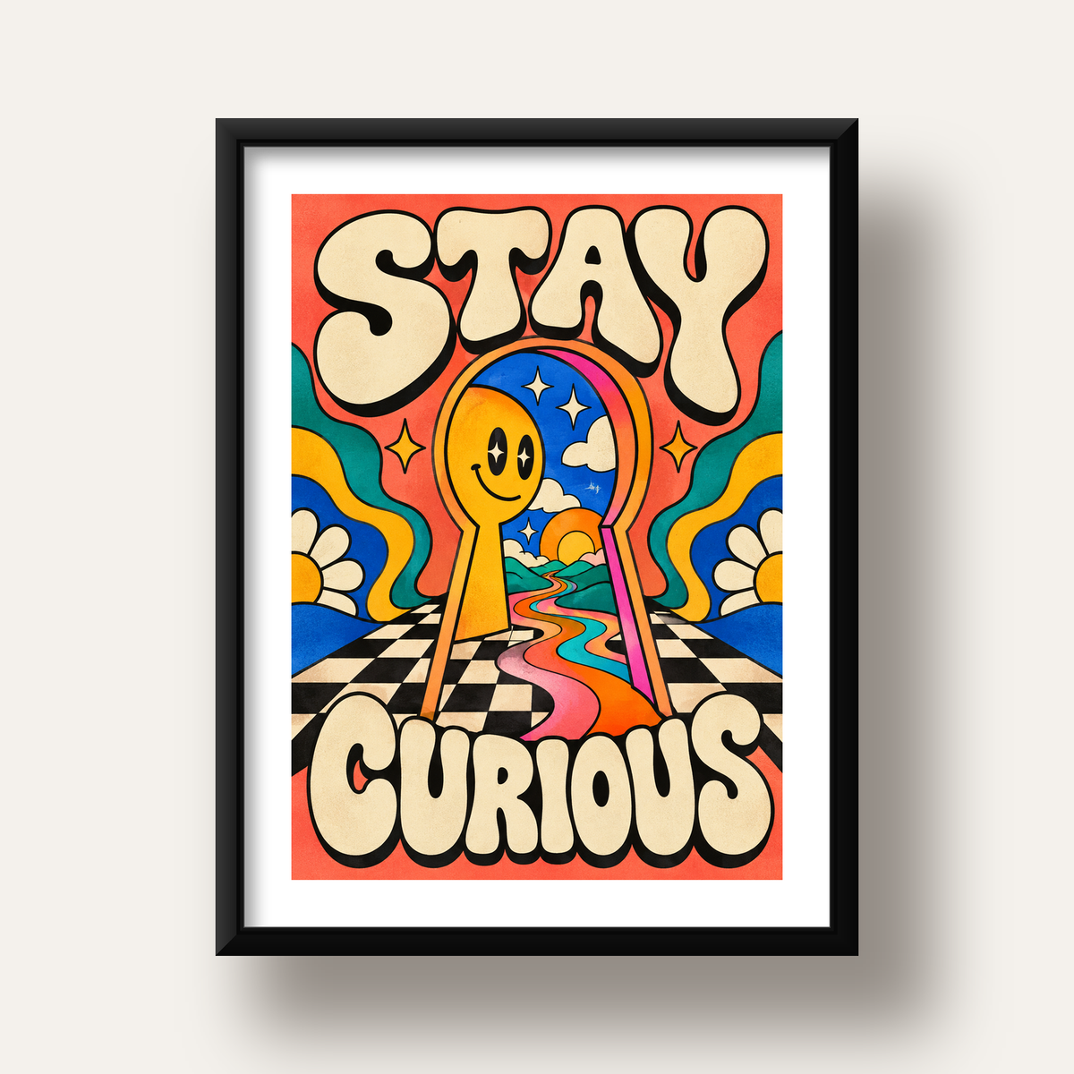 Psikedelik Anahtar Deliği ve STAY CURIOUS Poster Baskı — siyah derin çerçeveli paspartulu