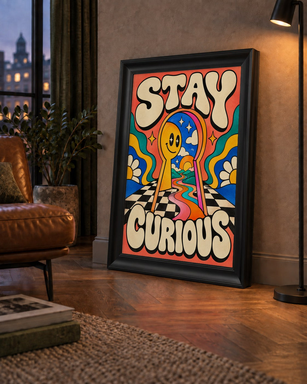 Psikedelik Anahtar Deliği ve STAY CURIOUS Poster Baskı — çerçeveli hâliyle bir ev duvarında