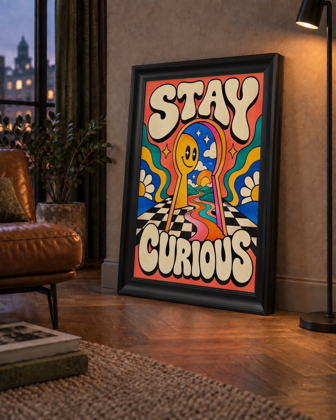 Psikedelik Anahtar Deliği ve STAY CURIOUS Poster Baskı — çerçeveli hâliyle bir ev duvarında
