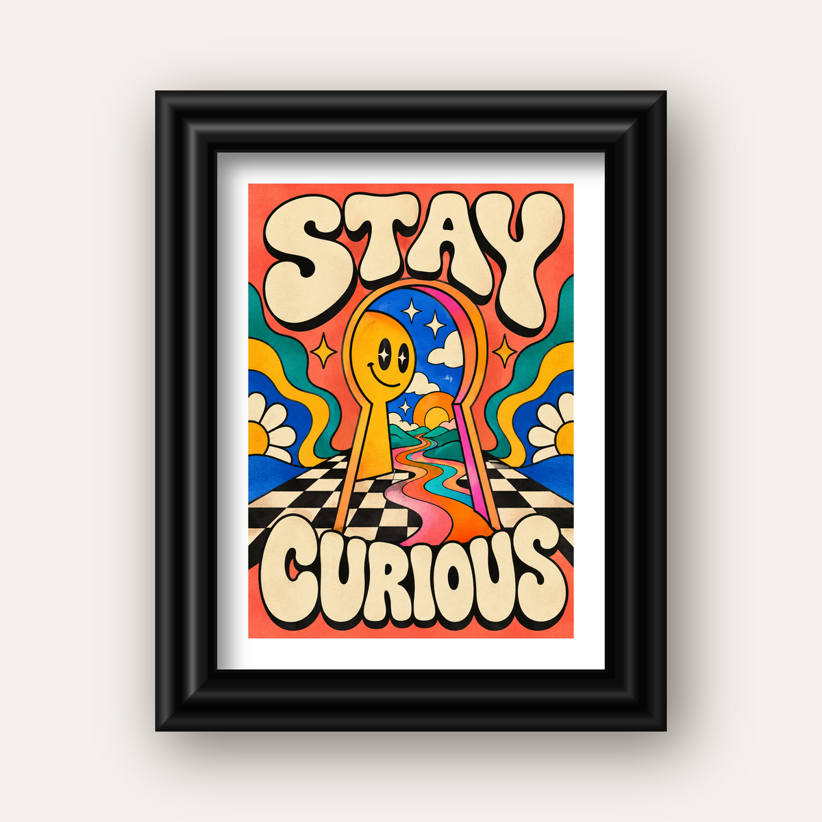 Psikedelik Anahtar Deliği ve STAY CURIOUS Poster Baskı — siyah galeri çerçeveli paspartulu