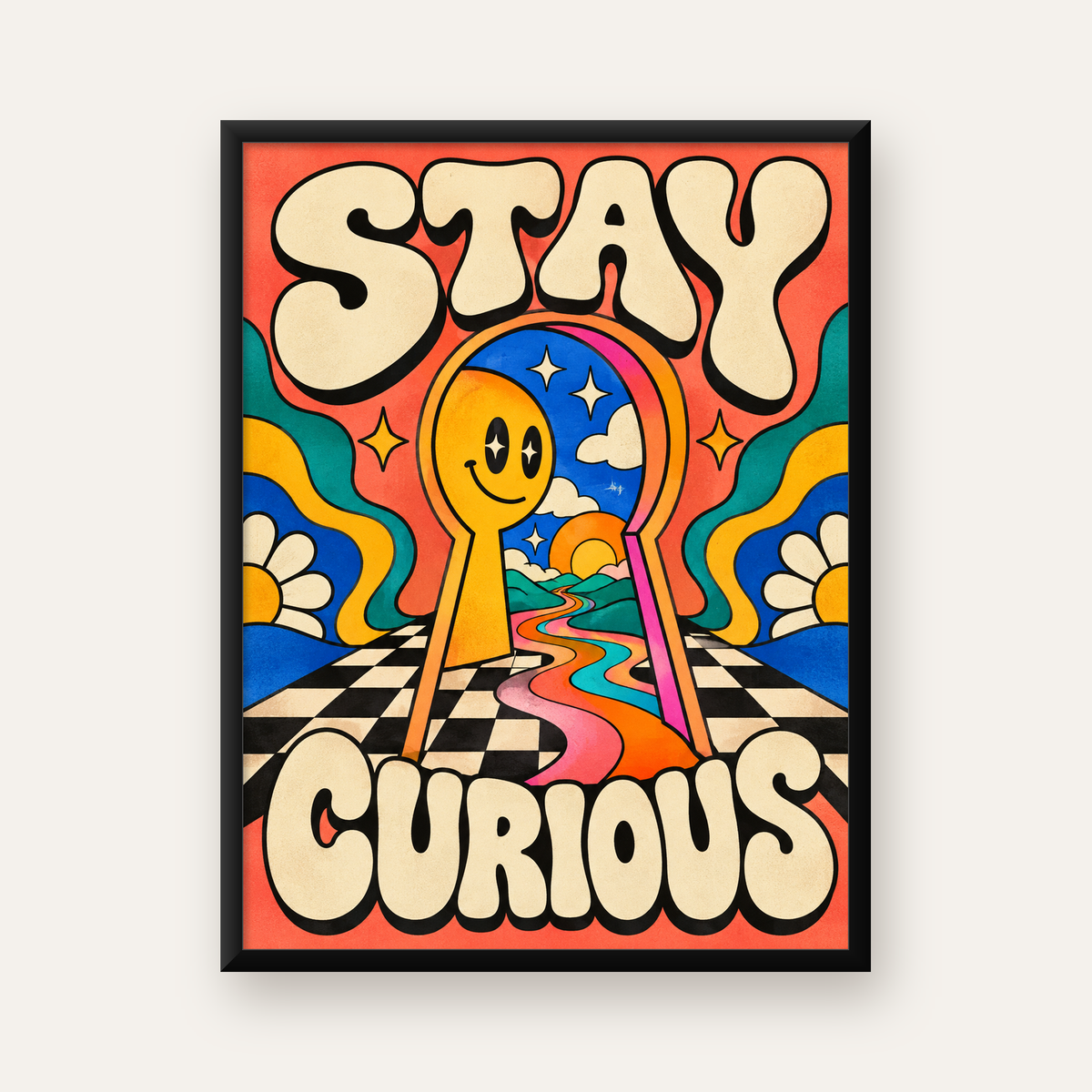 Psikedelik Anahtar Deliği ve STAY CURIOUS Poster Baskı — Dikey baskı, düz siyah çerçeveli duvar posteri