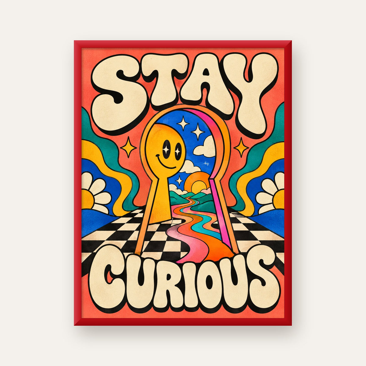 Psikedelik Anahtar Deliği ve STAY CURIOUS Poster Baskı — kırmızı çerçeveli