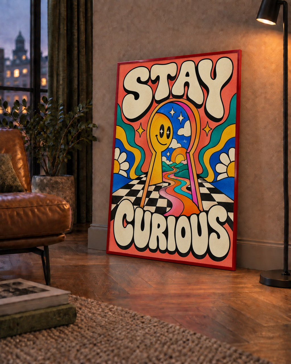 Psikedelik Anahtar Deliği ve STAY CURIOUS Poster Baskı — çerçeveli hâliyle bir ev duvarında