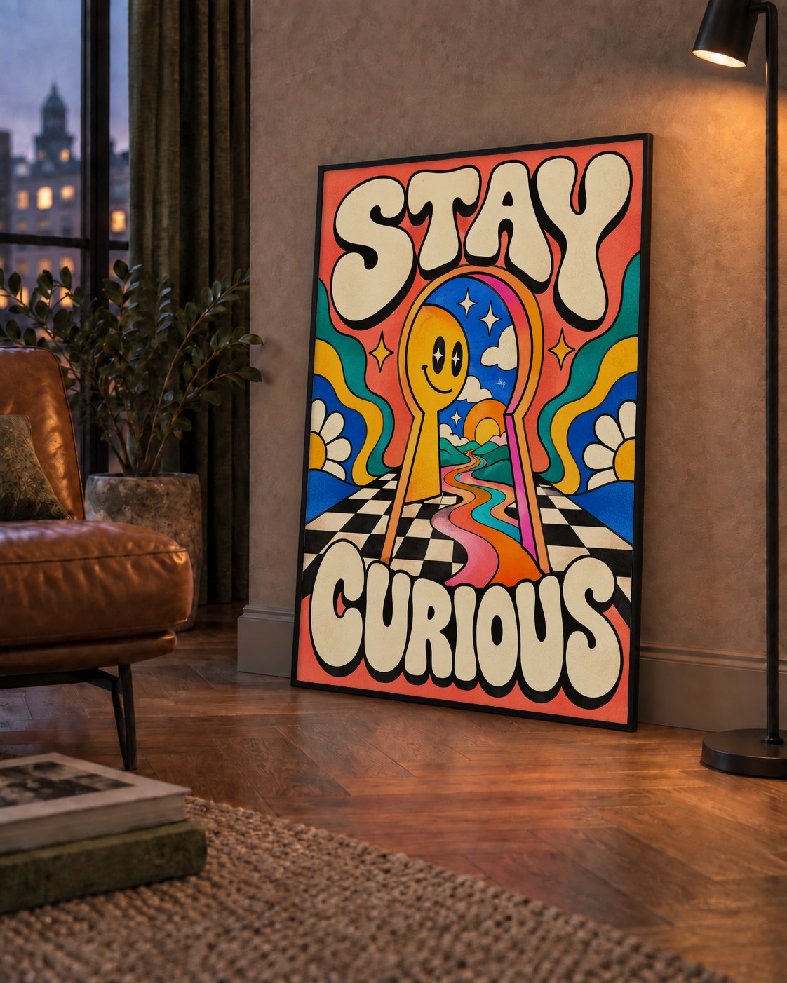 Psikedelik Anahtar Deliği ve STAY CURIOUS Poster Baskı — çerçeveli hâliyle bir ev duvarında