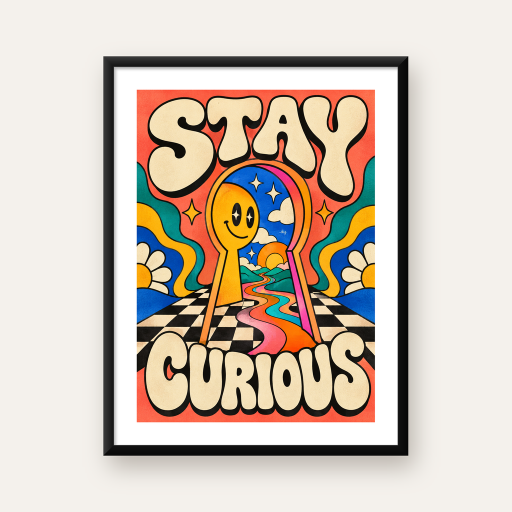 Psikedelik Anahtar Deliği ve STAY CURIOUS Poster Baskı — Dikey baskı, beyaz paspartulu