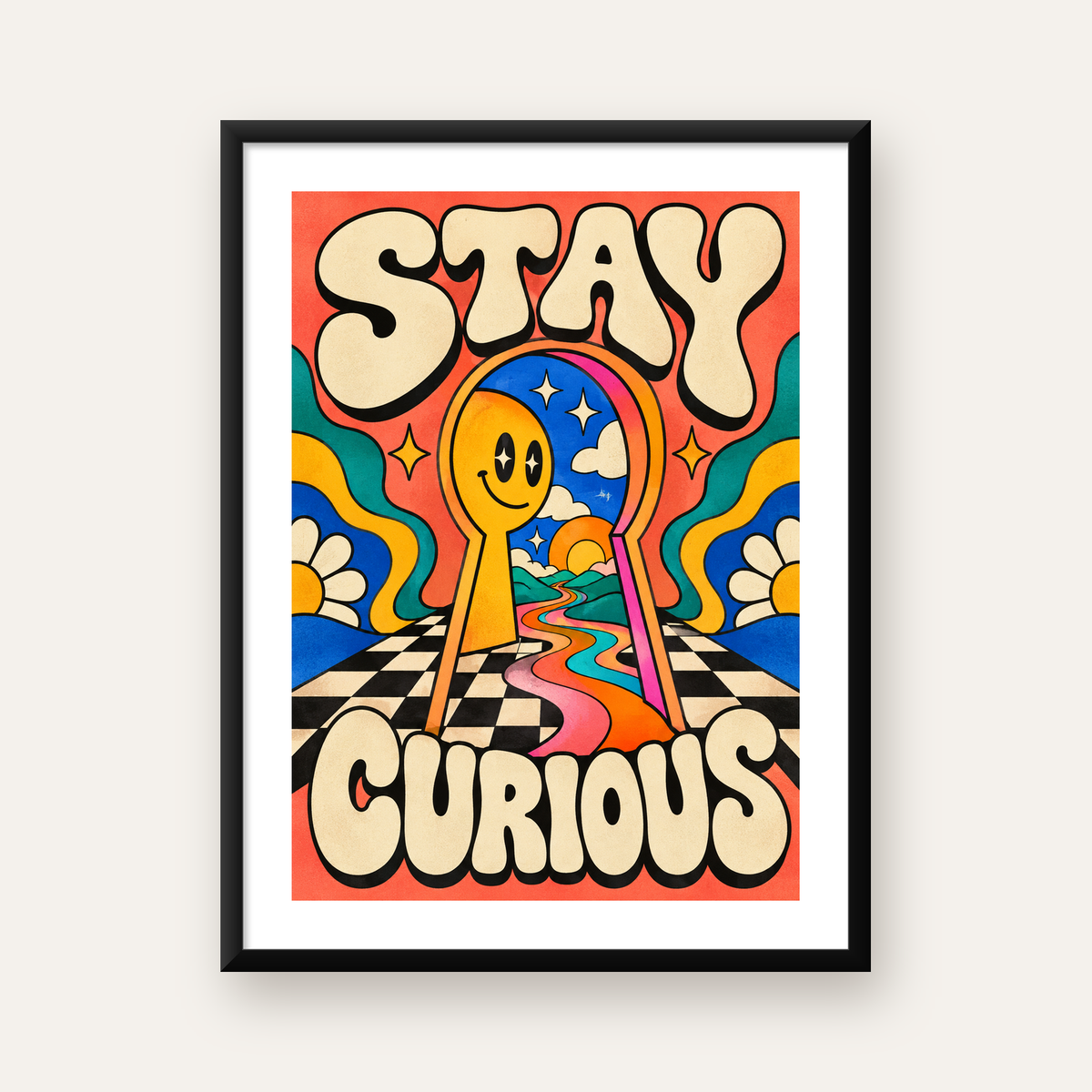 Psikedelik Anahtar Deliği ve STAY CURIOUS Poster Baskı — Dikey baskı, beyaz paspartulu
