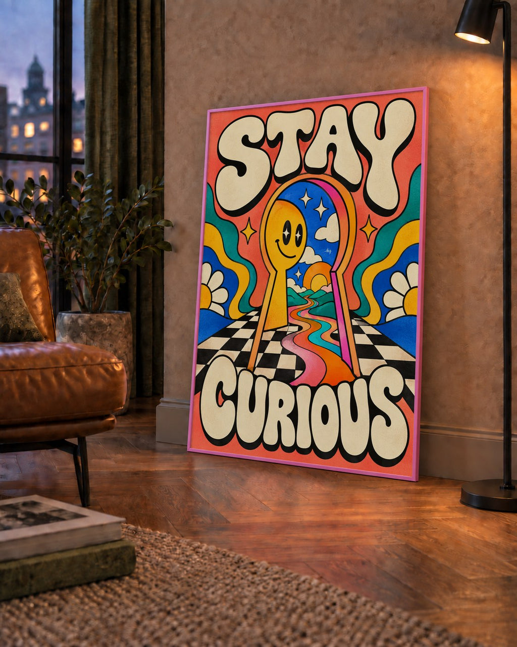 Psikedelik Anahtar Deliği ve STAY CURIOUS Poster Baskı — çerçeveli hâliyle bir ev duvarında