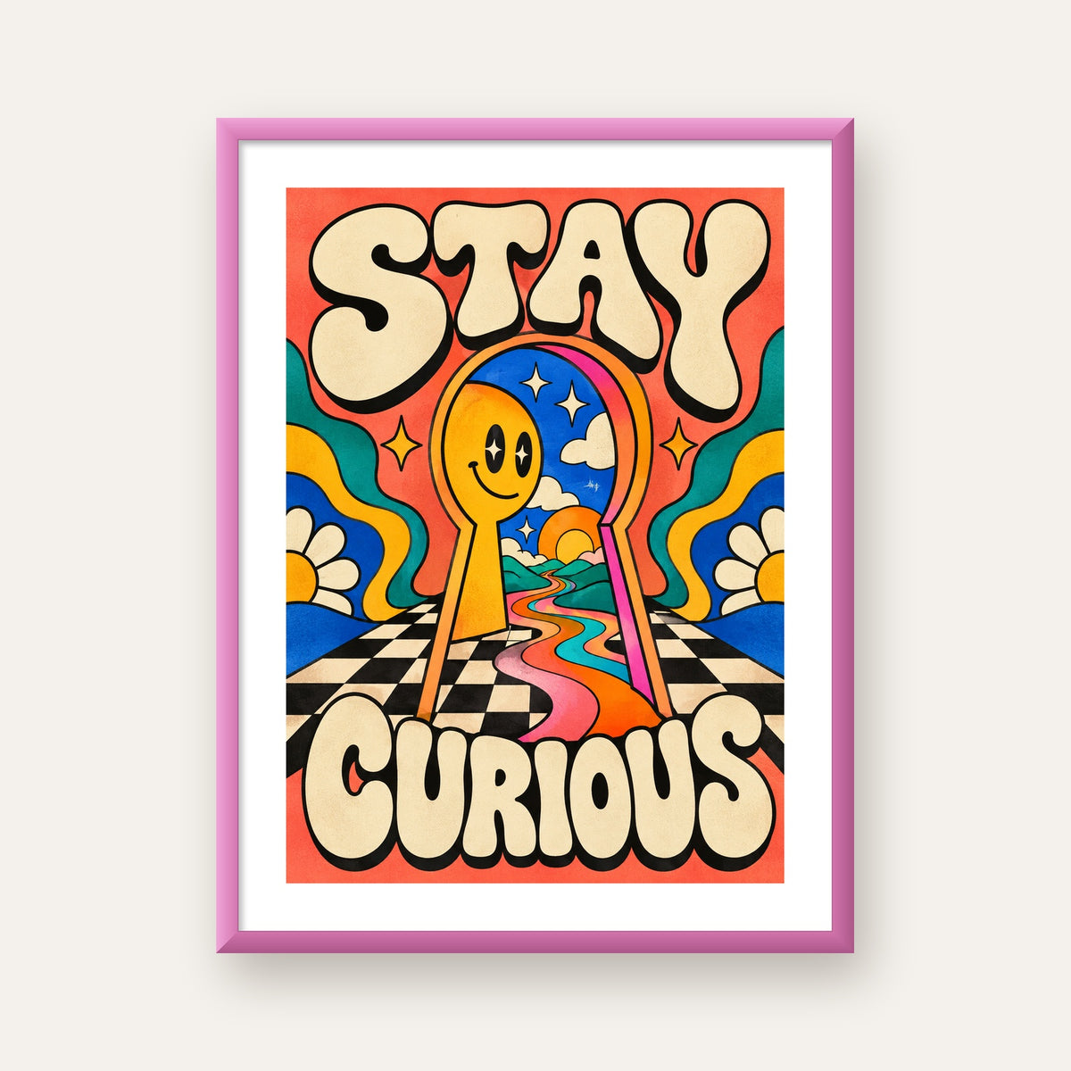 Psikedelik Anahtar Deliği ve STAY CURIOUS Poster Baskı — pembe çerçeveli paspartulu
