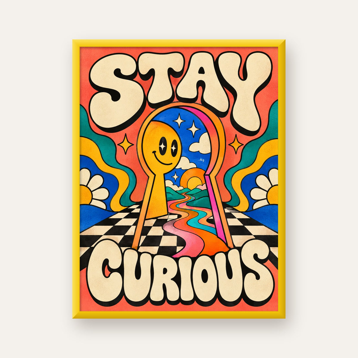 Psikedelik Anahtar Deliği ve STAY CURIOUS Poster Baskı — sarı çerçeveli