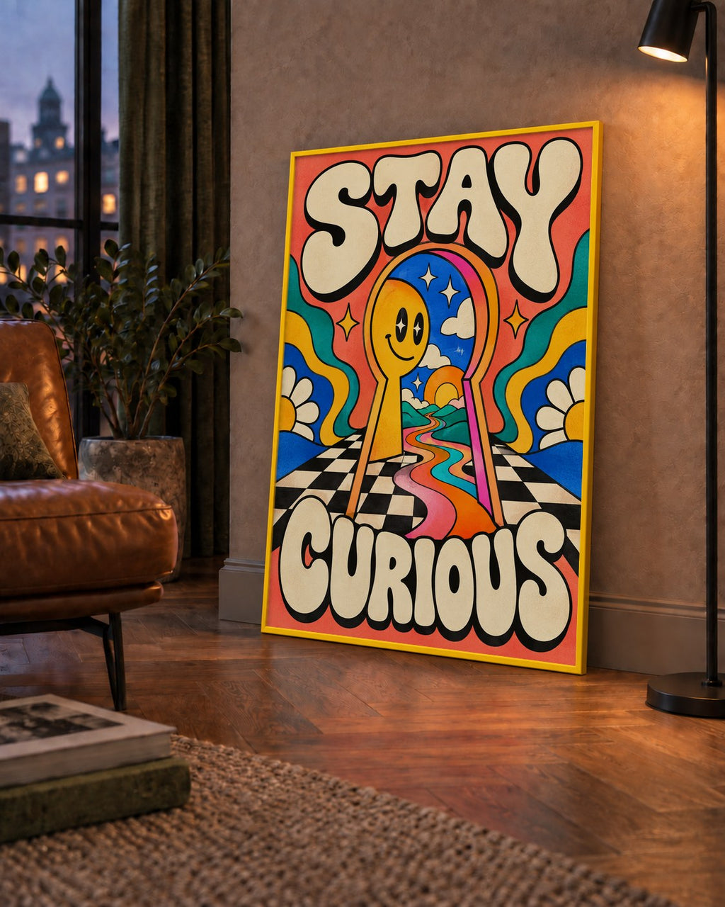 Psikedelik Anahtar Deliği ve STAY CURIOUS Poster Baskı — çerçeveli hâliyle bir ev duvarında