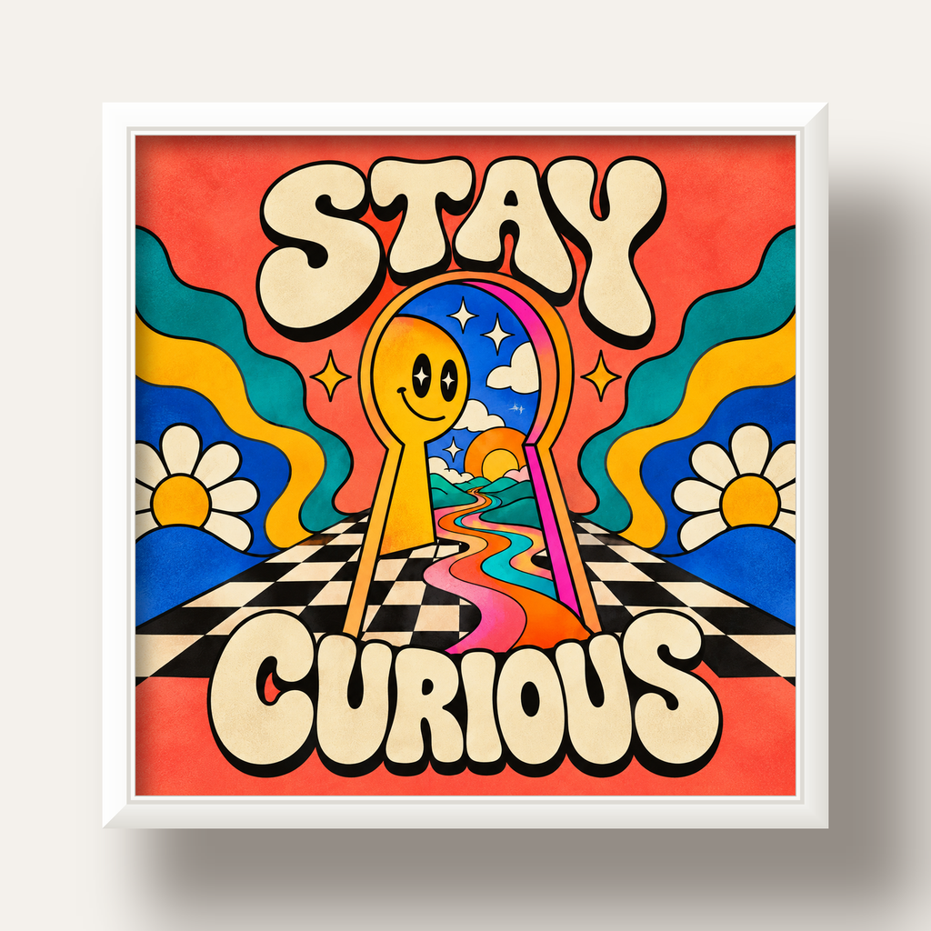 Psikedelik Anahtar Deliği ve STAY CURIOUS Poster Baskı — beyaz derin çerçeveli