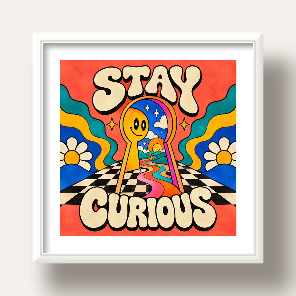 Psikedelik Anahtar Deliği ve STAY CURIOUS Poster Baskı — beyaz derin çerçeveli paspartulu
