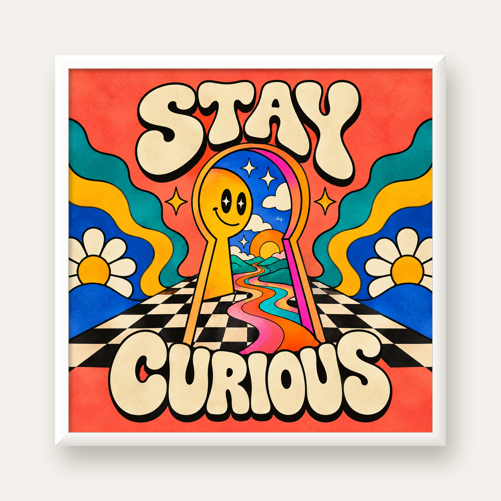 Psikedelik Anahtar Deliği ve STAY CURIOUS Poster Baskı — beyaz çerçeveli kare poster