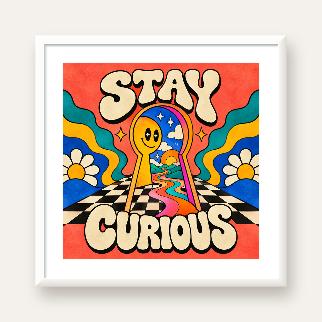 Psikedelik Anahtar Deliği ve STAY CURIOUS Poster Baskı — beyaz çerçeveli kare poster