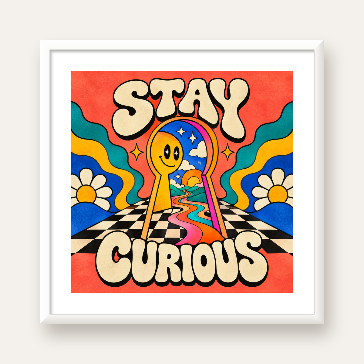 Psikedelik Anahtar Deliği ve STAY CURIOUS Poster Baskı — beyaz çerçeveli kare poster