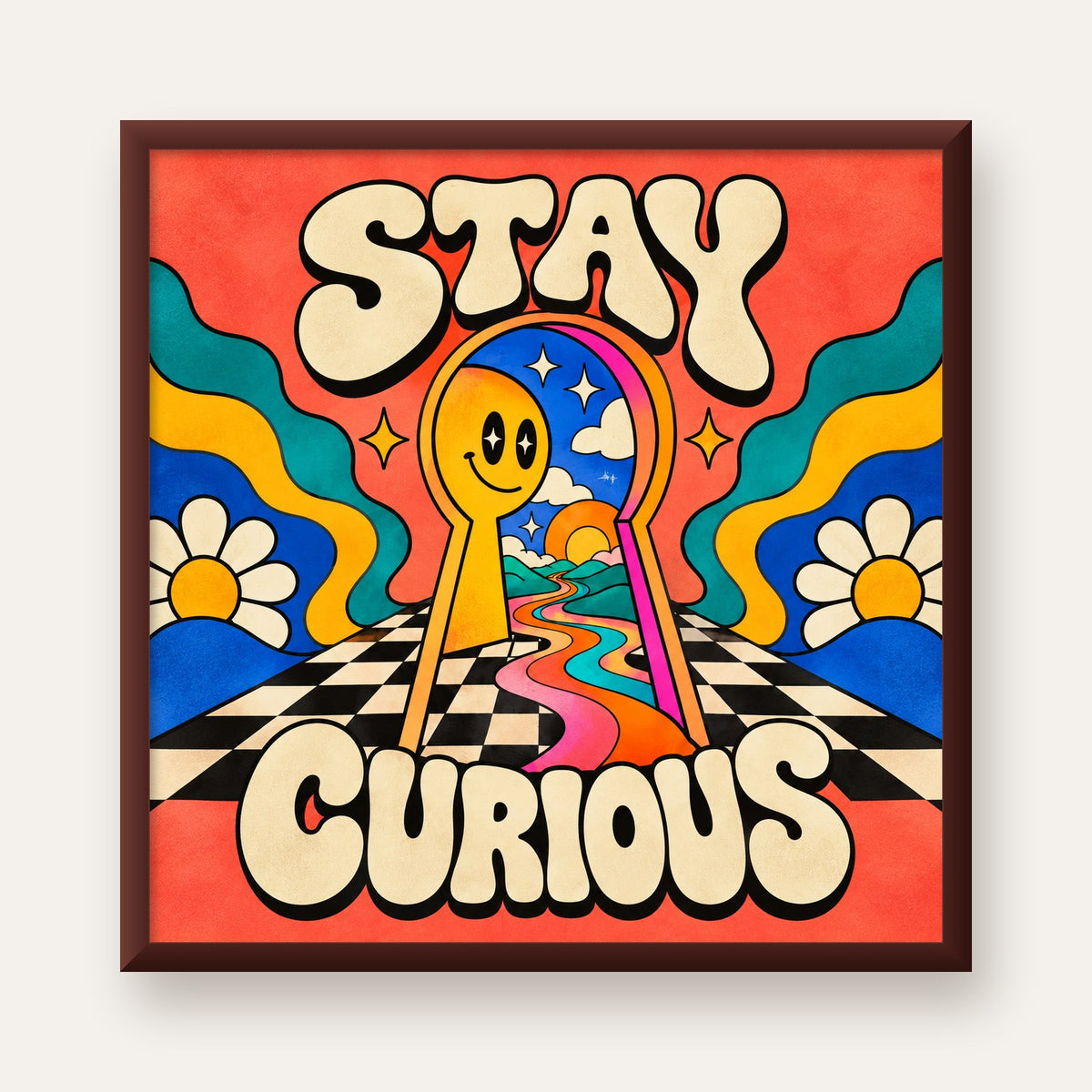 Psikedelik Anahtar Deliği ve STAY CURIOUS Poster Baskı — ceviz çerçeveli