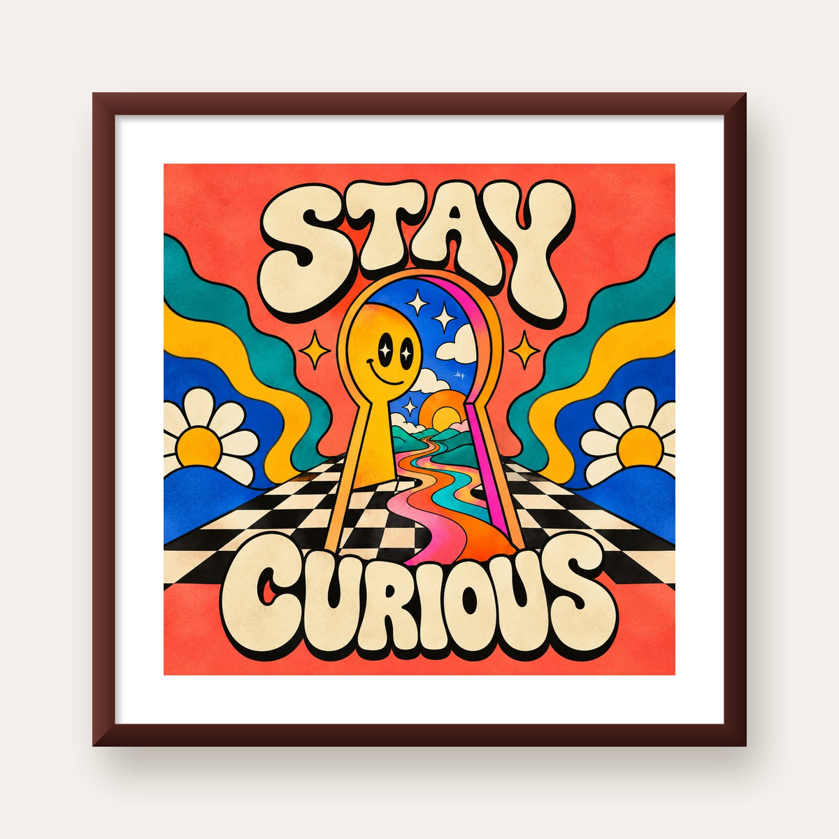 Psikedelik Anahtar Deliği ve STAY CURIOUS Poster Baskı — ceviz çerçeveli paspartulu