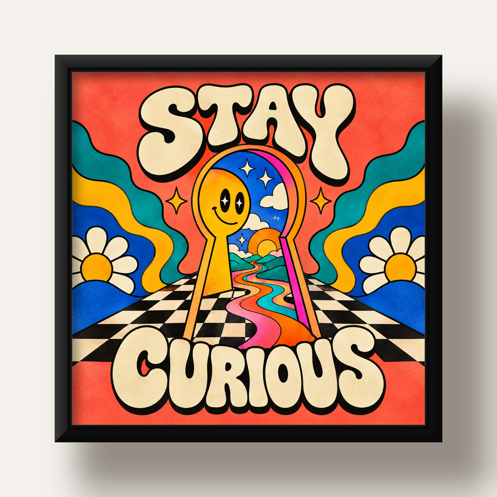 Psikedelik Anahtar Deliği ve STAY CURIOUS Poster Baskı — siyah derin çerçeveli