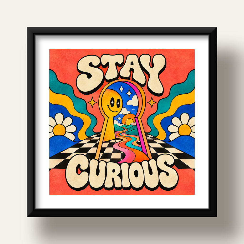 Psikedelik Anahtar Deliği ve STAY CURIOUS Poster Baskı — siyah derin çerçeveli paspartulu