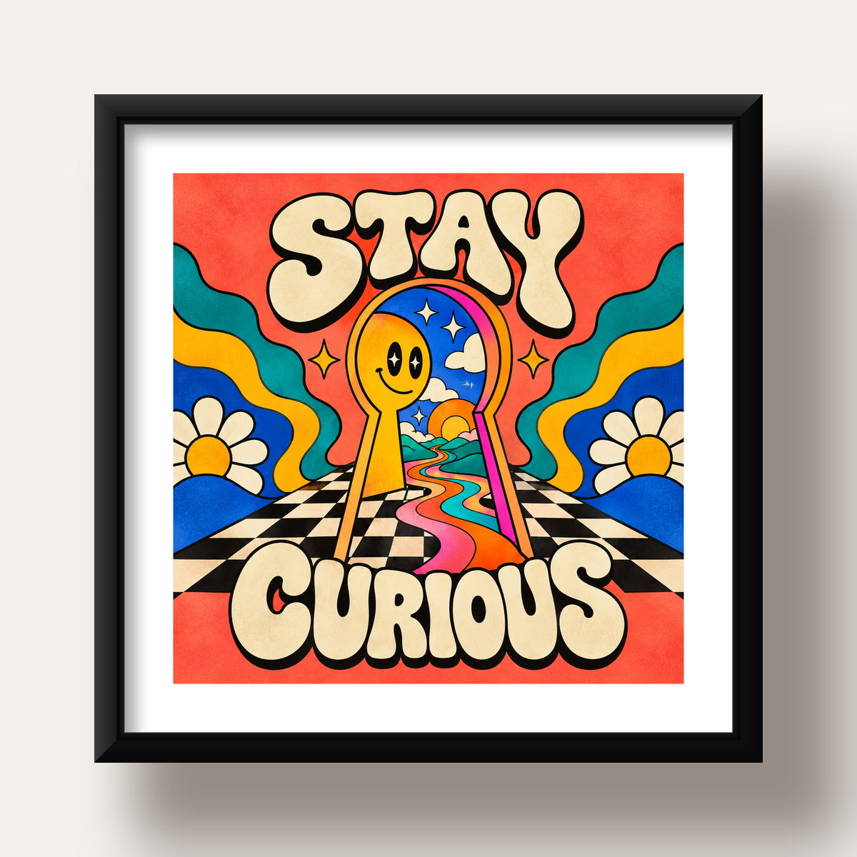 Psikedelik Anahtar Deliği ve STAY CURIOUS Poster Baskı — siyah derin çerçeveli paspartulu