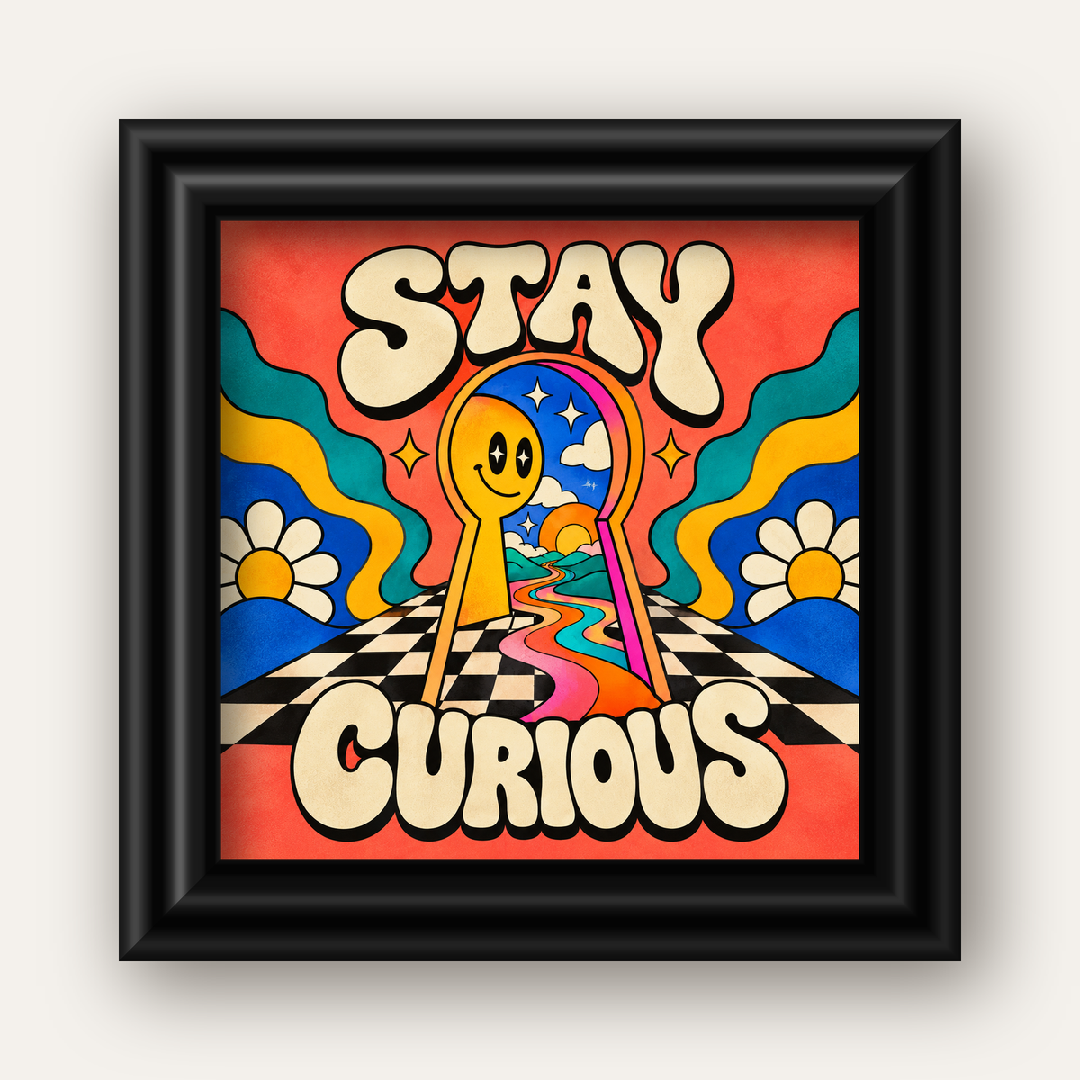 Psikedelik Anahtar Deliği ve STAY CURIOUS Poster Baskı — siyah galeri çerçeveli