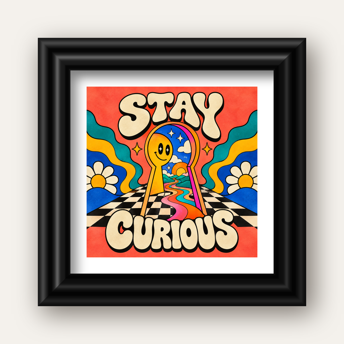 Psikedelik Anahtar Deliği ve STAY CURIOUS Poster Baskı — siyah galeri çerçeveli paspartulu