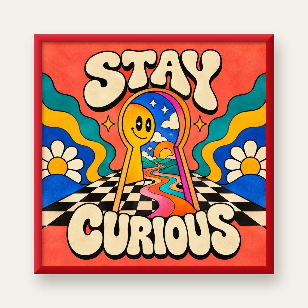 Psikedelik Anahtar Deliği ve STAY CURIOUS Poster Baskı — kırmızı çerçeveli