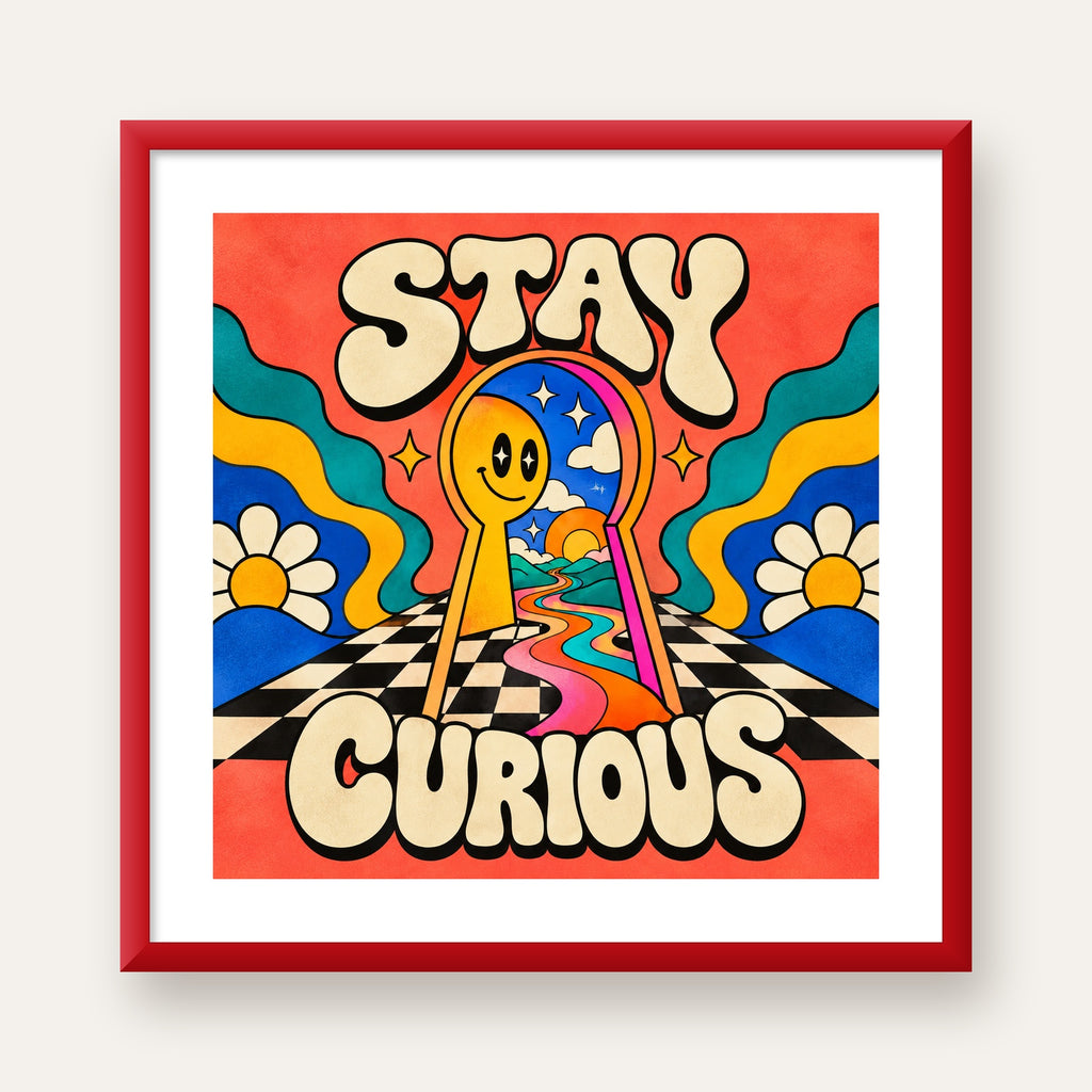 Psikedelik Anahtar Deliği ve STAY CURIOUS Poster Baskı — kırmızı çerçeveli paspartulu