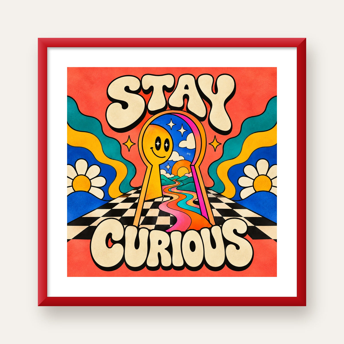 Psikedelik Anahtar Deliği ve STAY CURIOUS Poster Baskı — kırmızı çerçeveli paspartulu