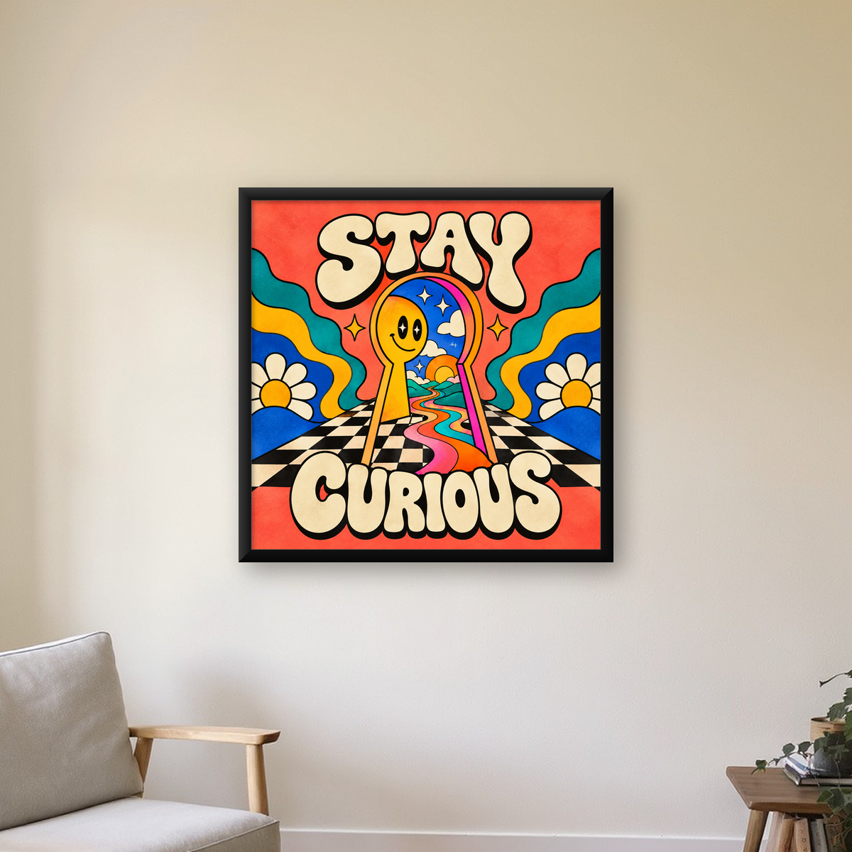Psikedelik Anahtar Deliği ve STAY CURIOUS Poster Baskı — Kare baskı, çerçeveli hâliyle bir ev duvarında
