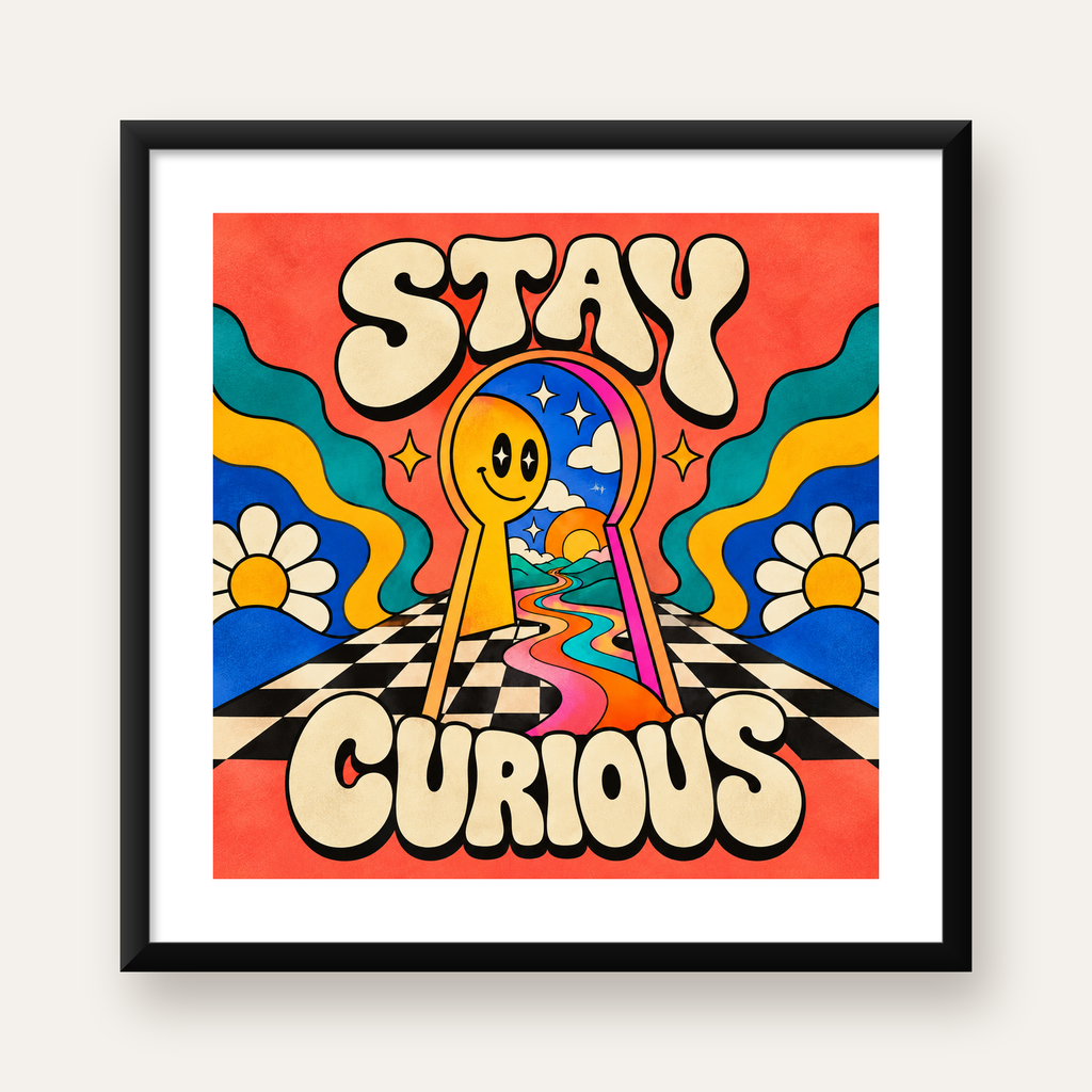 Psikedelik Anahtar Deliği ve STAY CURIOUS Poster Baskı — Kare baskı, beyaz paspartulu