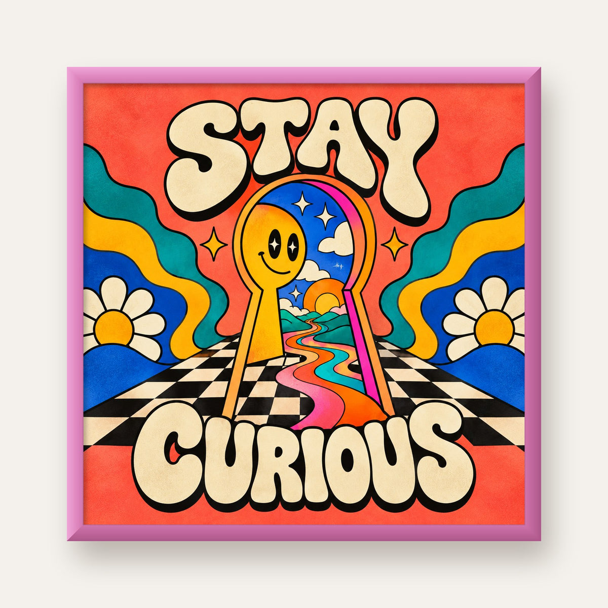 Psikedelik Anahtar Deliği ve STAY CURIOUS Poster Baskı — pembe çerçeveli