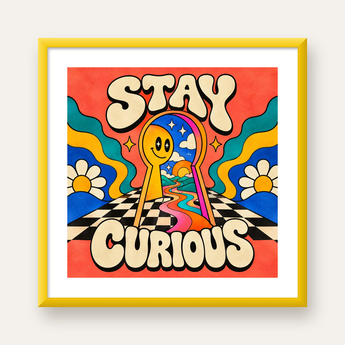 Psikedelik Anahtar Deliği ve STAY CURIOUS Poster Baskı — sarı çerçeveli paspartulu