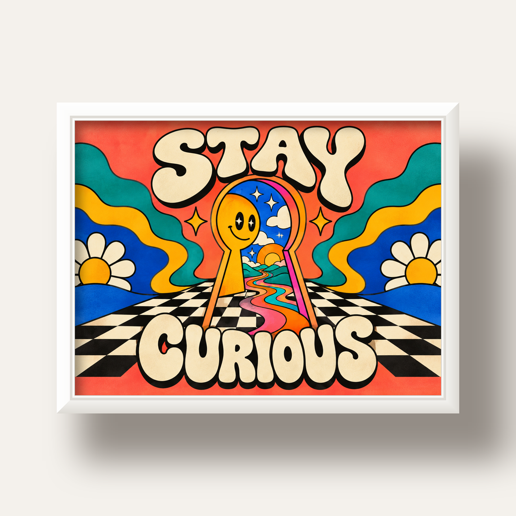 Psikedelik Anahtar Deliği ve STAY CURIOUS Poster Baskı — beyaz derin çerçeveli