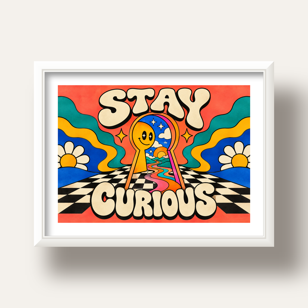 Psikedelik Anahtar Deliği ve STAY CURIOUS Poster Baskı — beyaz derin çerçeveli paspartulu