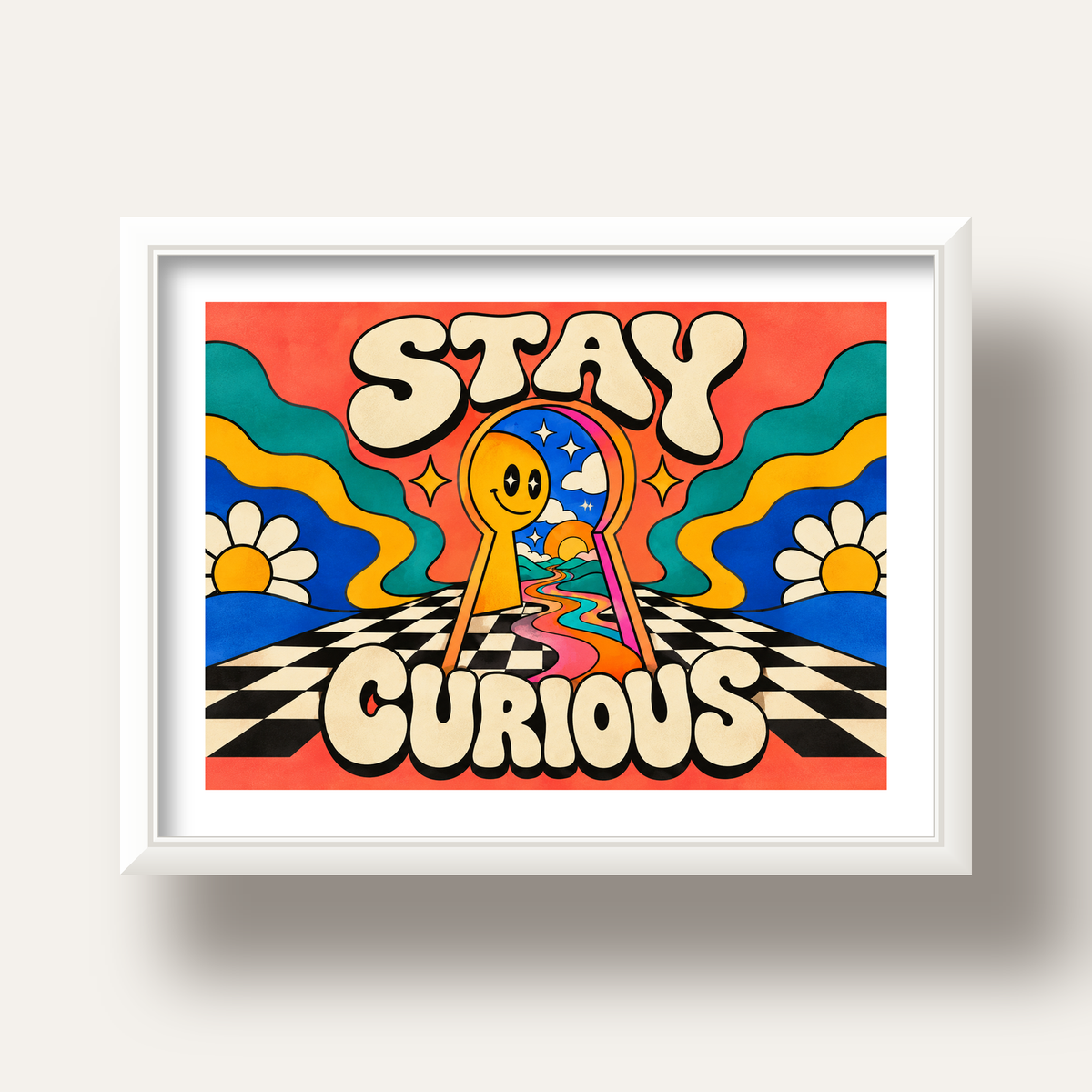 Psikedelik Anahtar Deliği ve STAY CURIOUS Poster Baskı — beyaz derin çerçeveli paspartulu