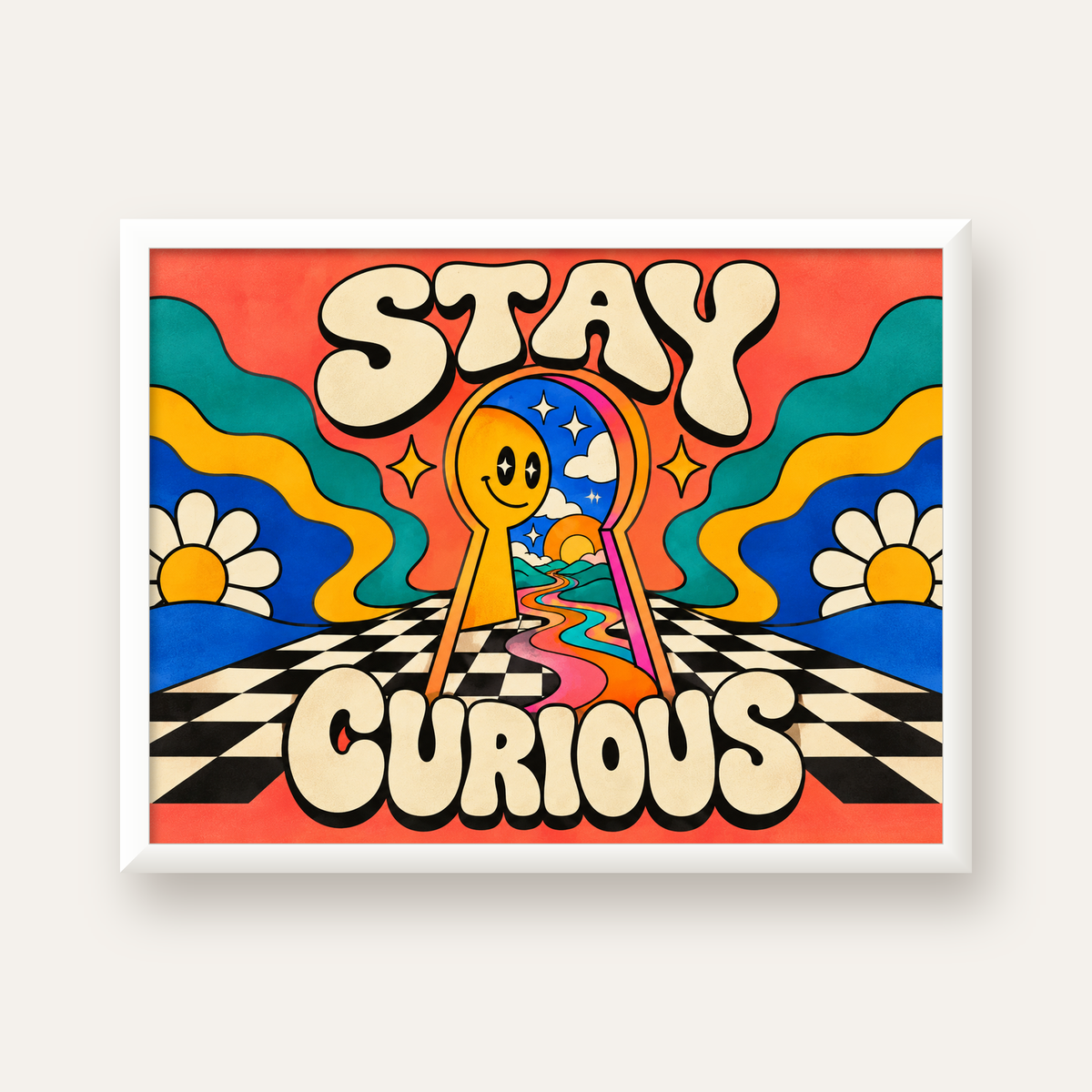 Psikedelik Anahtar Deliği ve STAY CURIOUS Poster Baskı — beyaz çerçeveli yatay poster