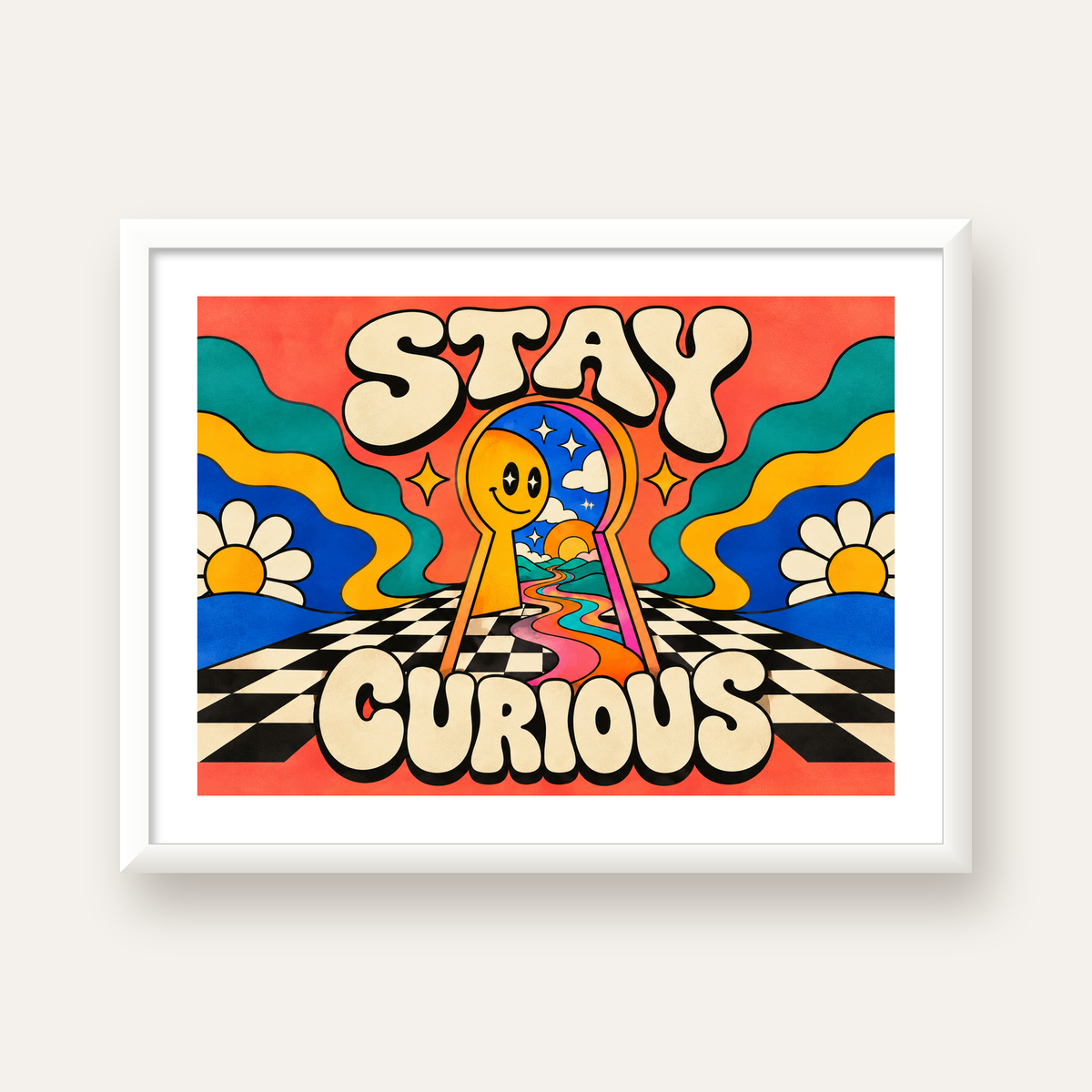 Psikedelik Anahtar Deliği ve STAY CURIOUS Poster Baskı — beyaz çerçeveli yatay poster