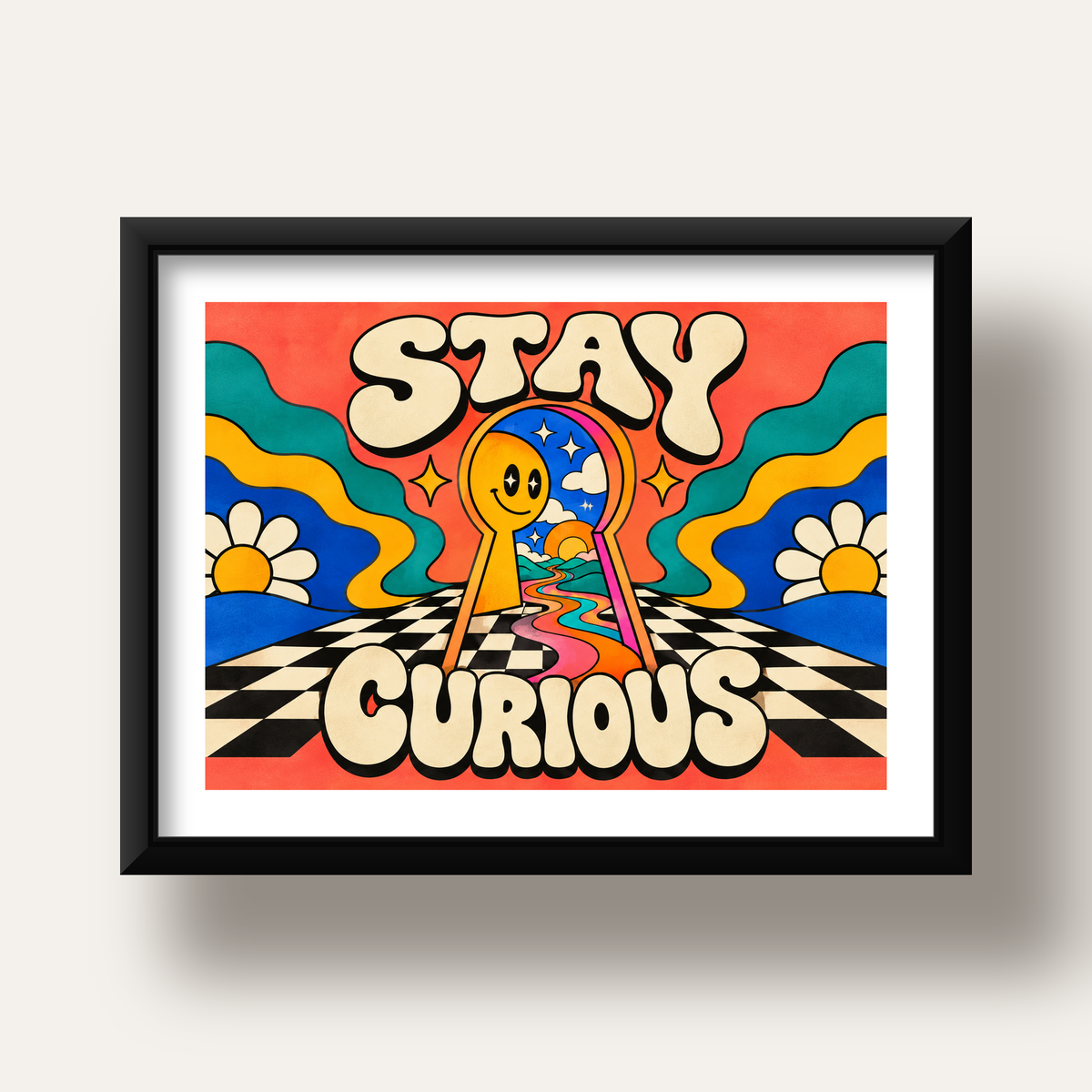 Psikedelik Anahtar Deliği ve STAY CURIOUS Poster Baskı — siyah derin çerçeveli paspartulu