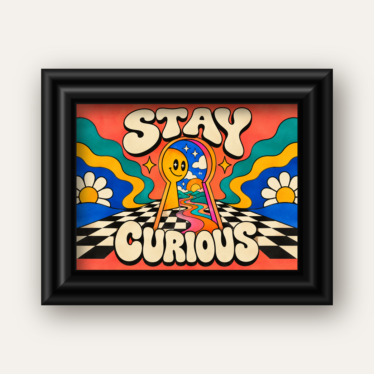 Psikedelik Anahtar Deliği ve STAY CURIOUS Poster Baskı — siyah galeri çerçeveli