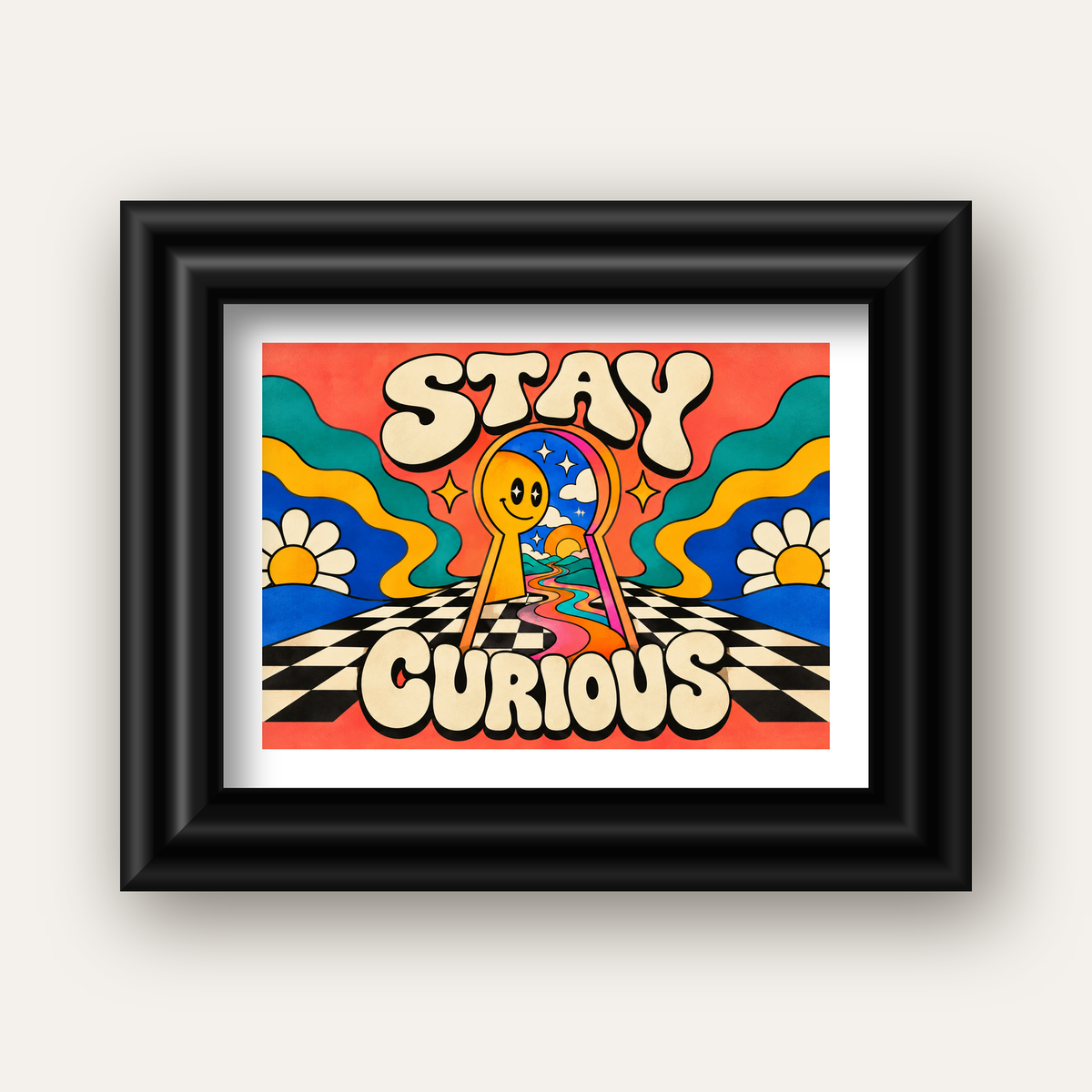 Psikedelik Anahtar Deliği ve STAY CURIOUS Poster Baskı — siyah galeri çerçeveli paspartulu
