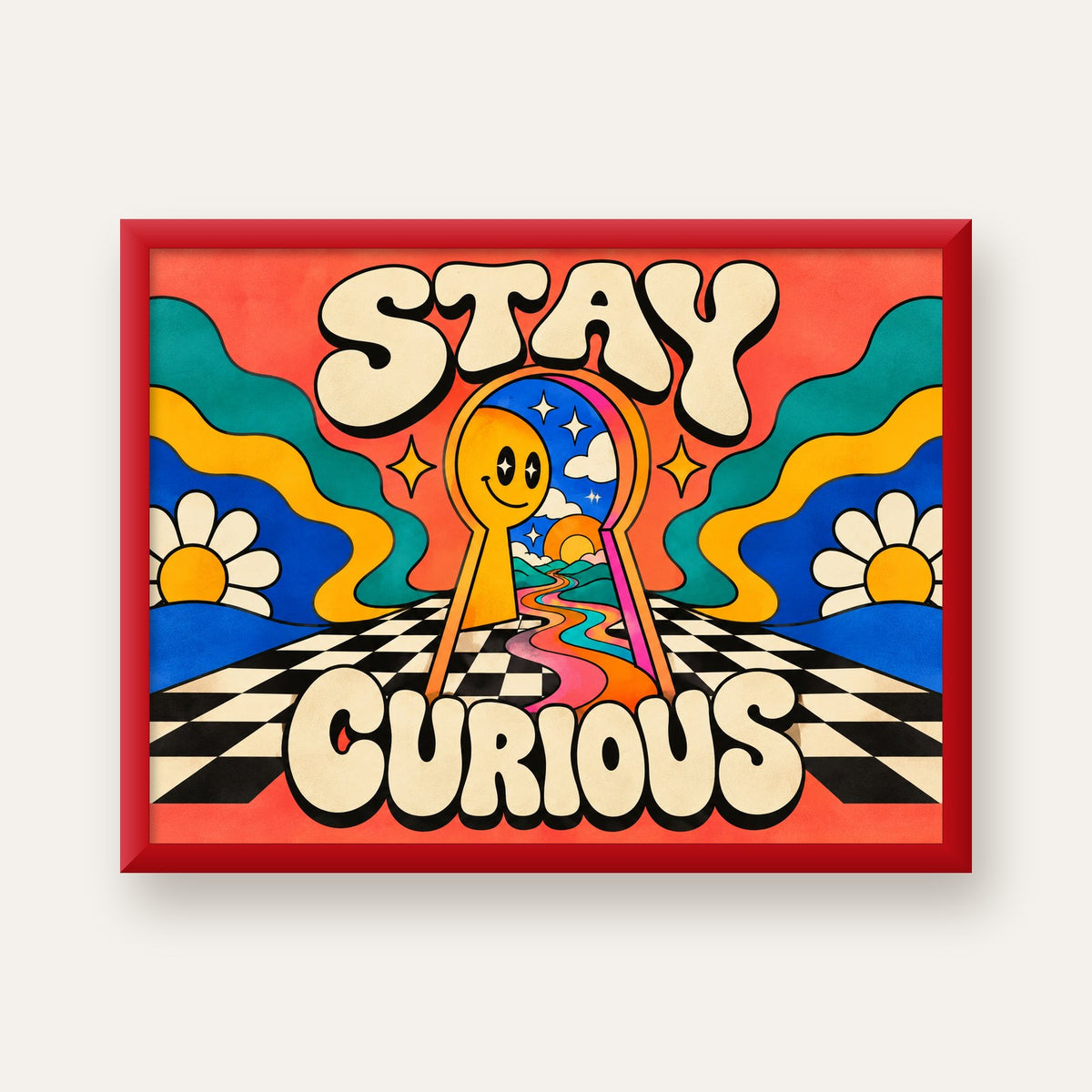 Psikedelik Anahtar Deliği ve STAY CURIOUS Poster Baskı — kırmızı çerçeveli