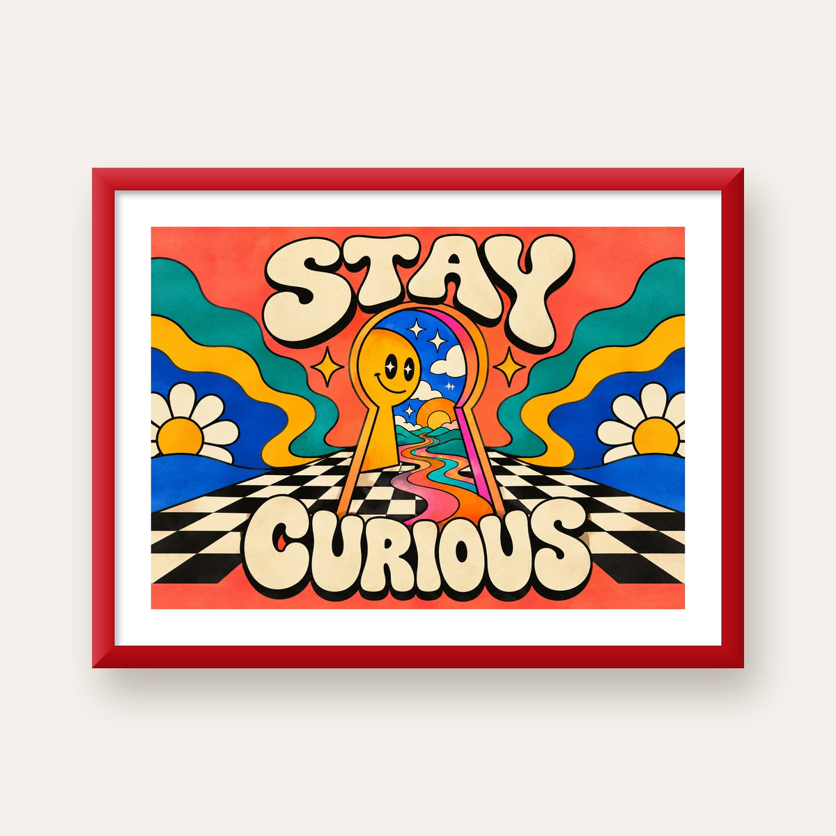 Psikedelik Anahtar Deliği ve STAY CURIOUS Poster Baskı — kırmızı çerçeveli paspartulu